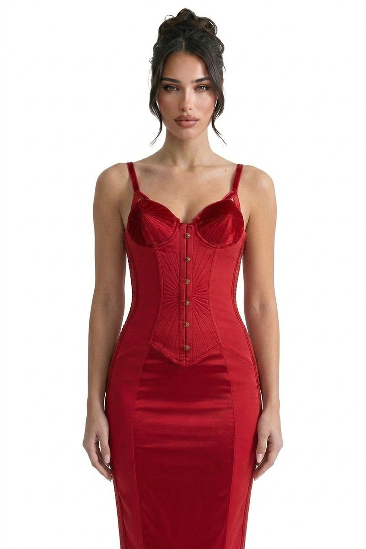 Yolande Satin Midi Dress With Velvet Corset Bodice And Button Front - Red