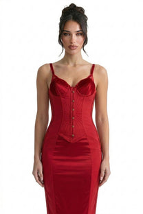 Yolande Satin Midi Dress With Velvet Corset Bodice And Button Front - Red
