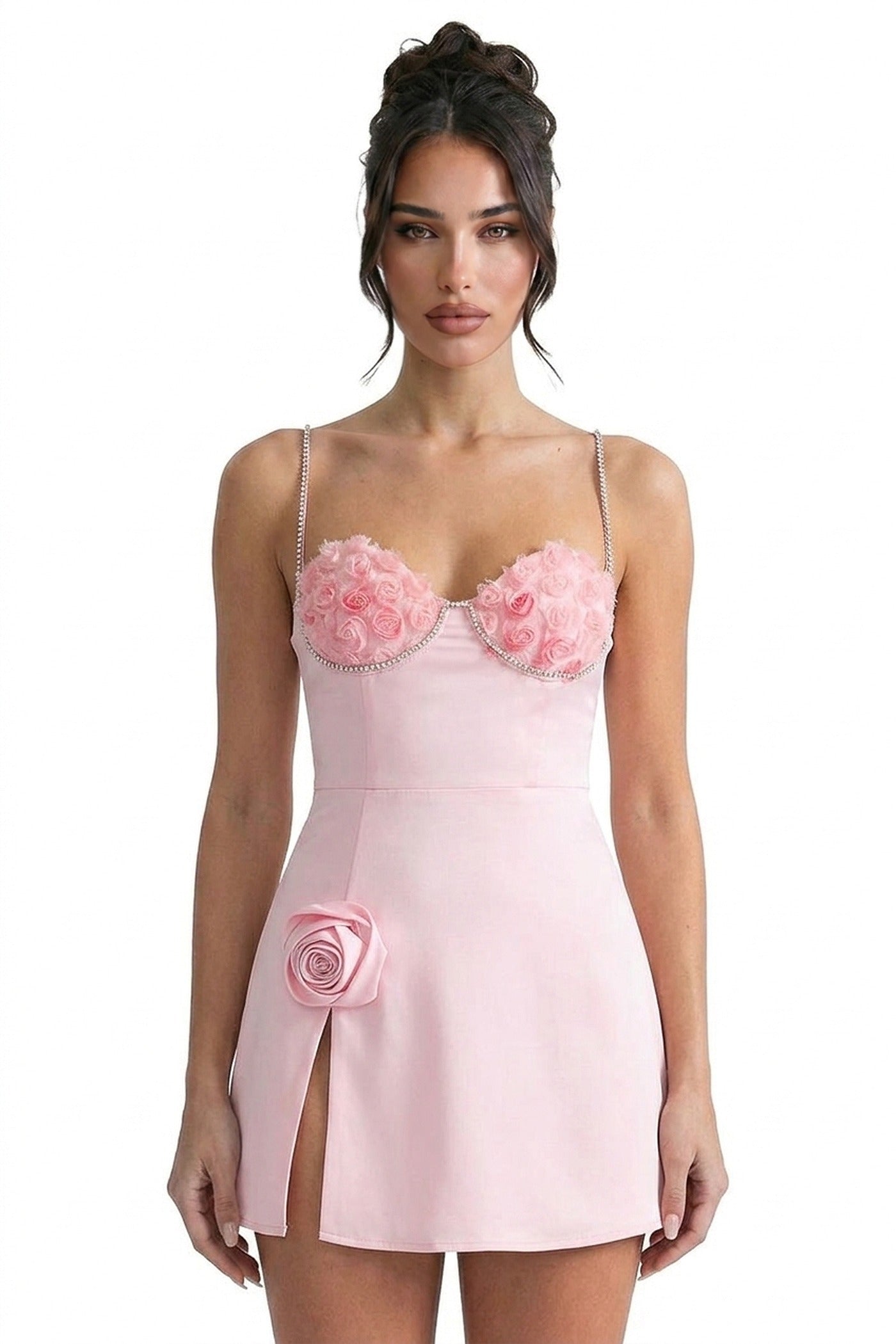 Jolie Mini Dress With 3D Rose Cups And Crystal Straps And Side Slit - Pink