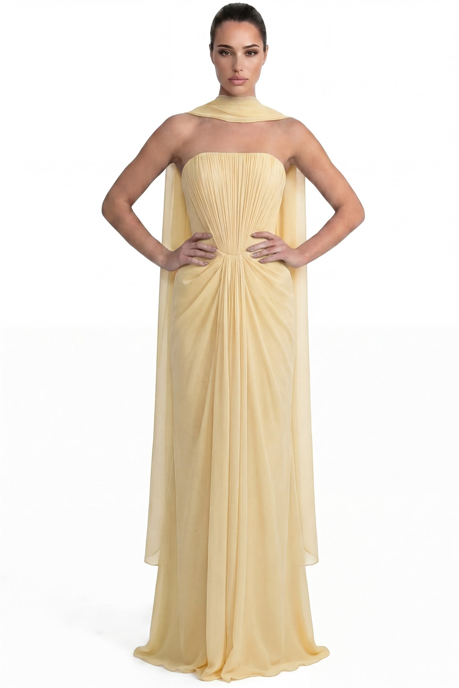 Azuria Strapless Pleated Gown With Draped Chiffon Cape - Yellow