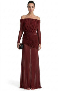 Eléonore Off-Shoulder Mesh Gown With Draped Long Sleeves - Burgundy