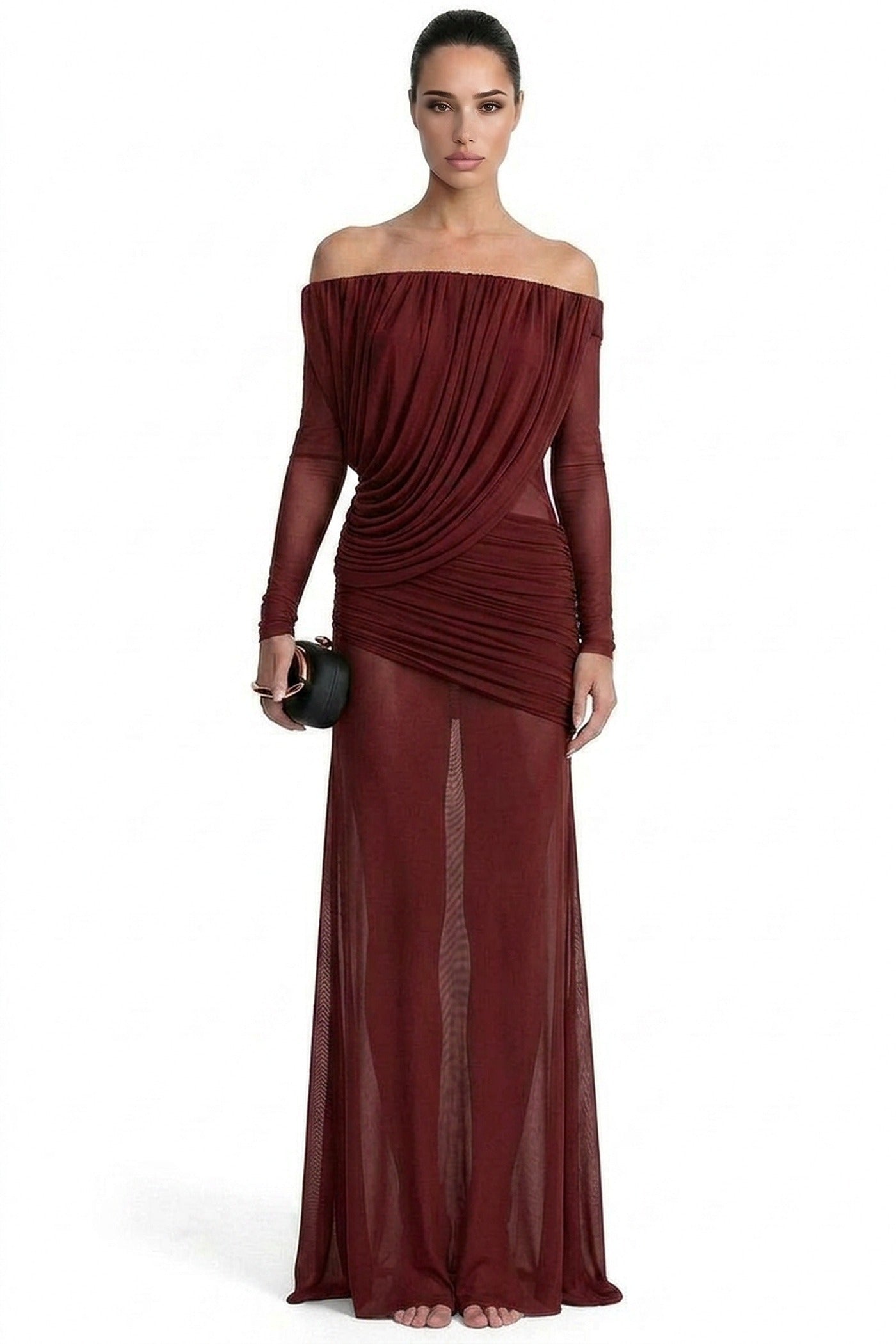 Eléonore Off-Shoulder Mesh Gown With Draped Long Sleeves - Burgundy