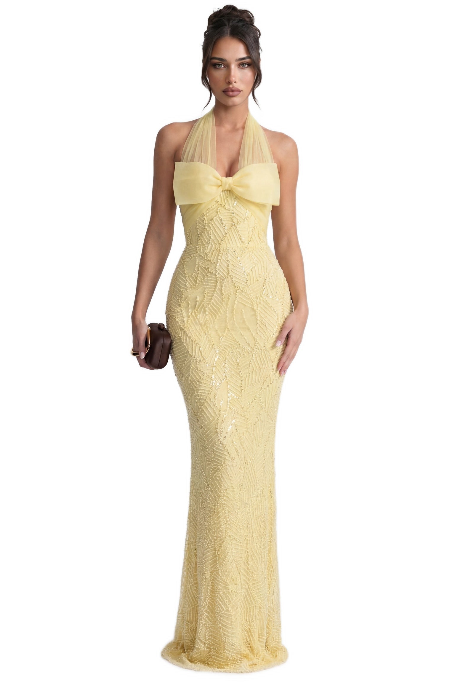 Ophélie Sequin Mermaid Gown With Tulle Halter Neck And Bow Detail - Yellow