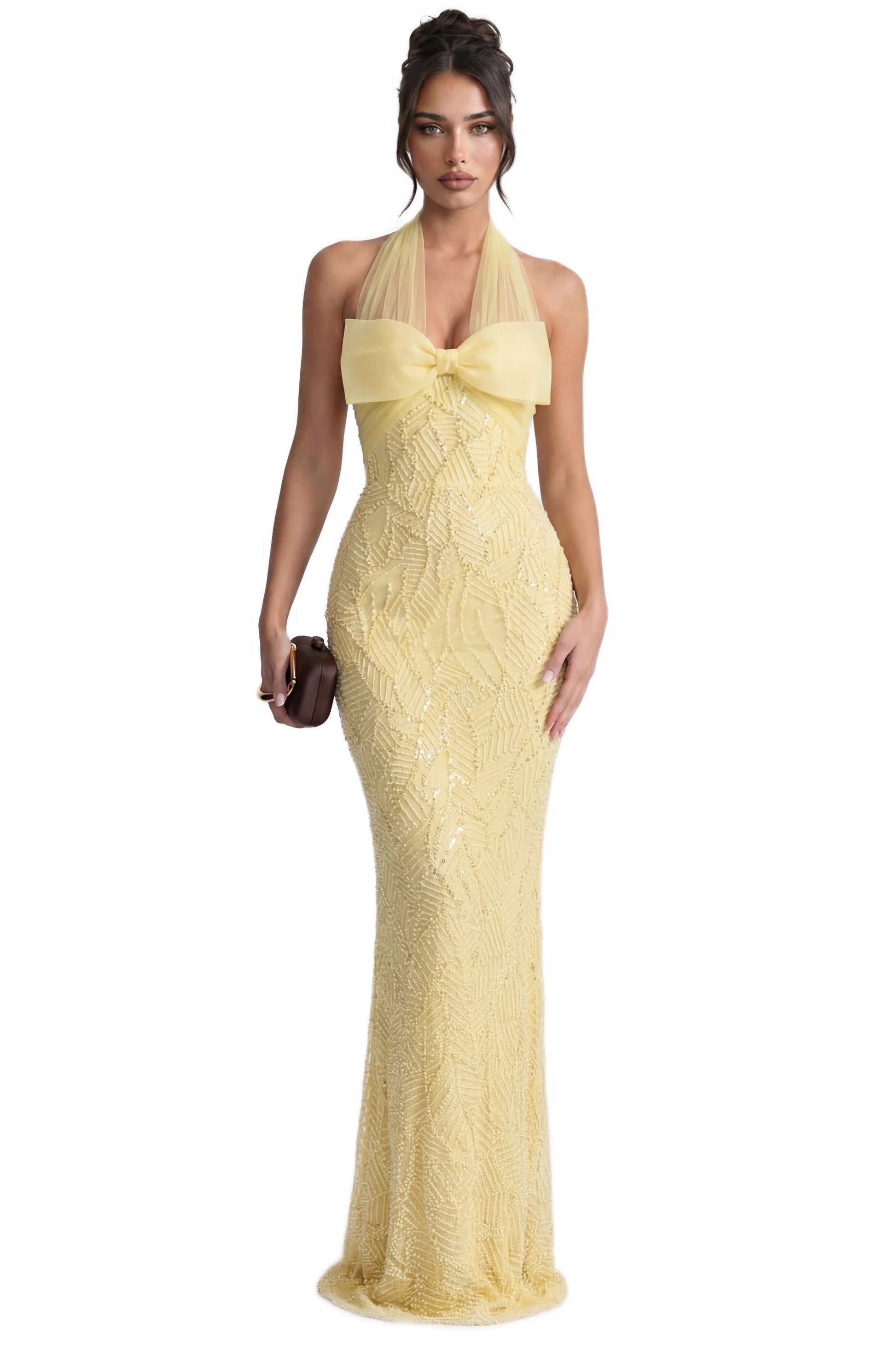 Ophélie Sequin Mermaid Gown With Tulle Halter Neck And Bow Detail - Yellow