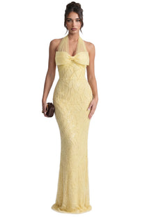 Ophélie Sequin Mermaid Gown With Tulle Halter Neck And Bow Detail - Yellow