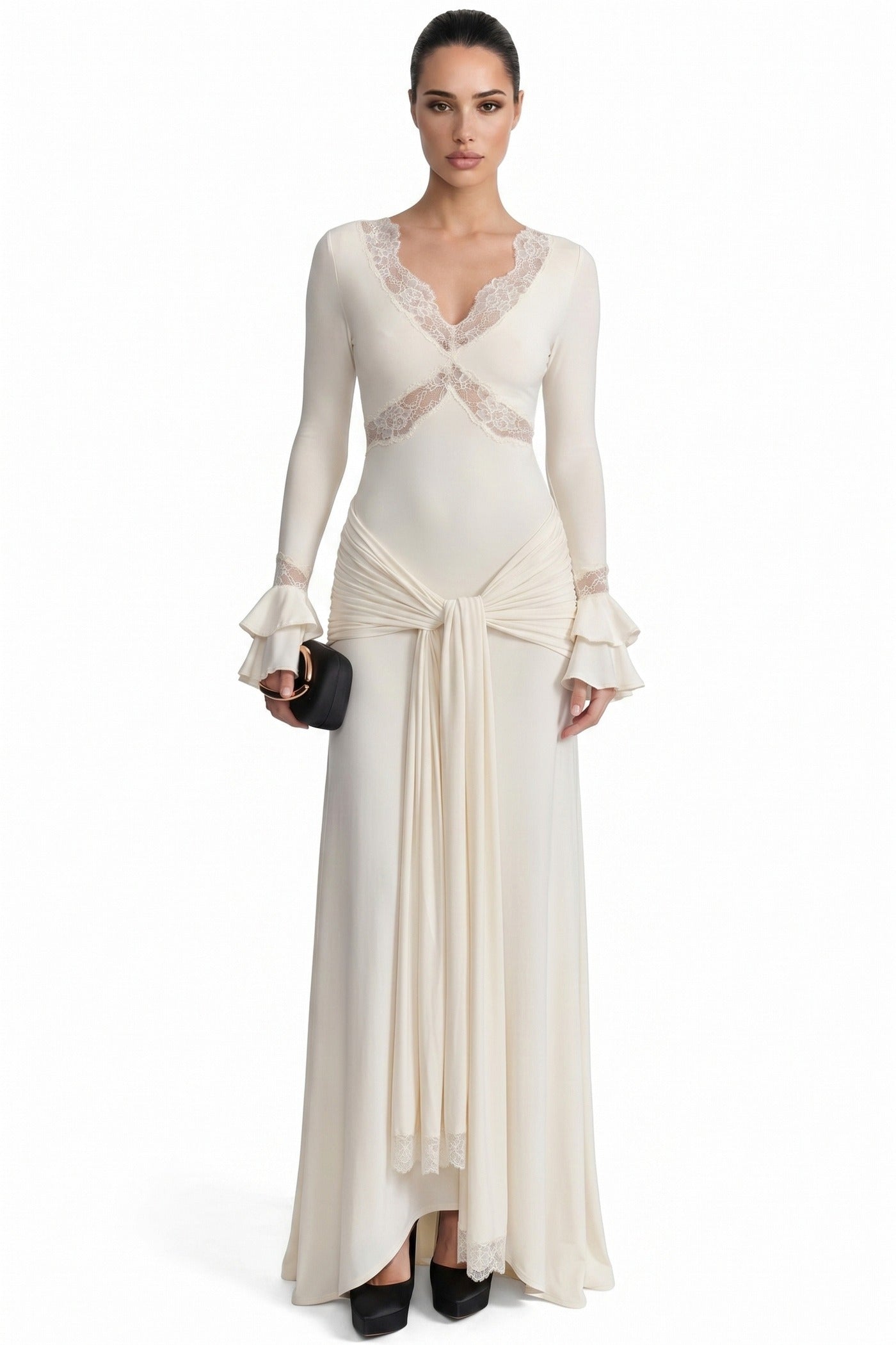 Gwenaëlle Long-Sleeve V-Neck Maxi Dress With Ruffled Cuffs And Bow Waist - Ivoire