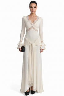 Gwenaëlle Long-Sleeve V-Neck Maxi Dress With Ruffled Cuffs And Bow Waist - Ivoire