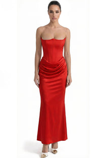 Isadora Strapless Corset Maxi Dress With Ruched Waist - Red