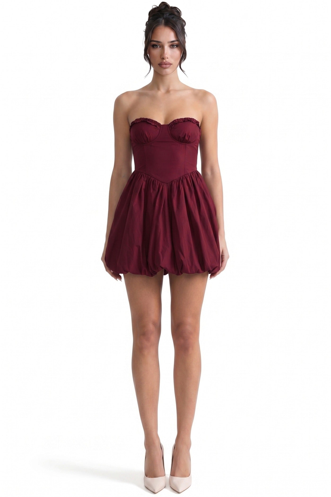 Geneviève Strapless Bubble Mini Dress With Sweetheart Neckline - Wine