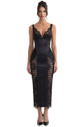 Solène Ruched Midi Dress With Side Sheer Details - Black