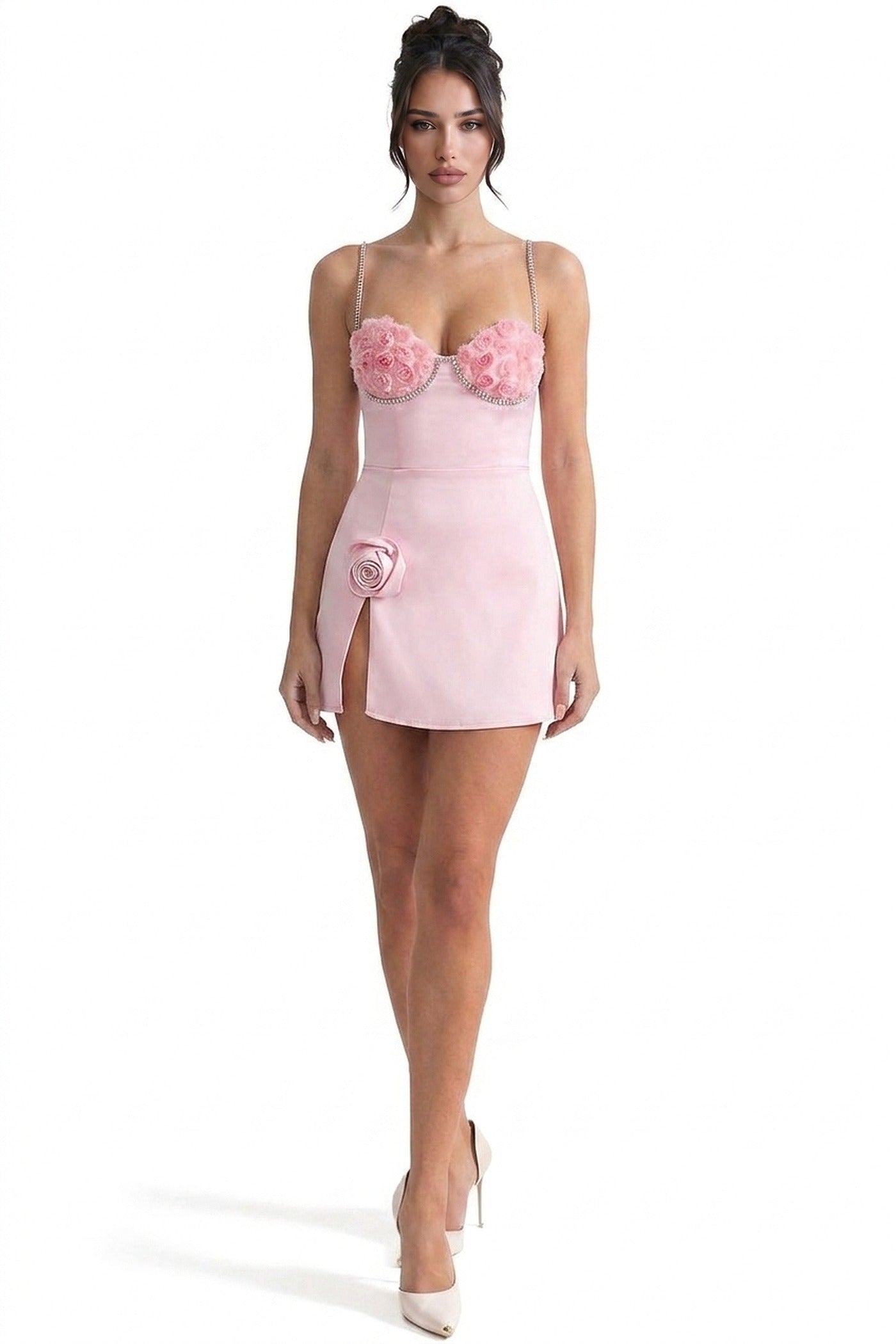 Jolie Mini Dress With 3D Rose Cups And Crystal Straps And Side Slit - Pink