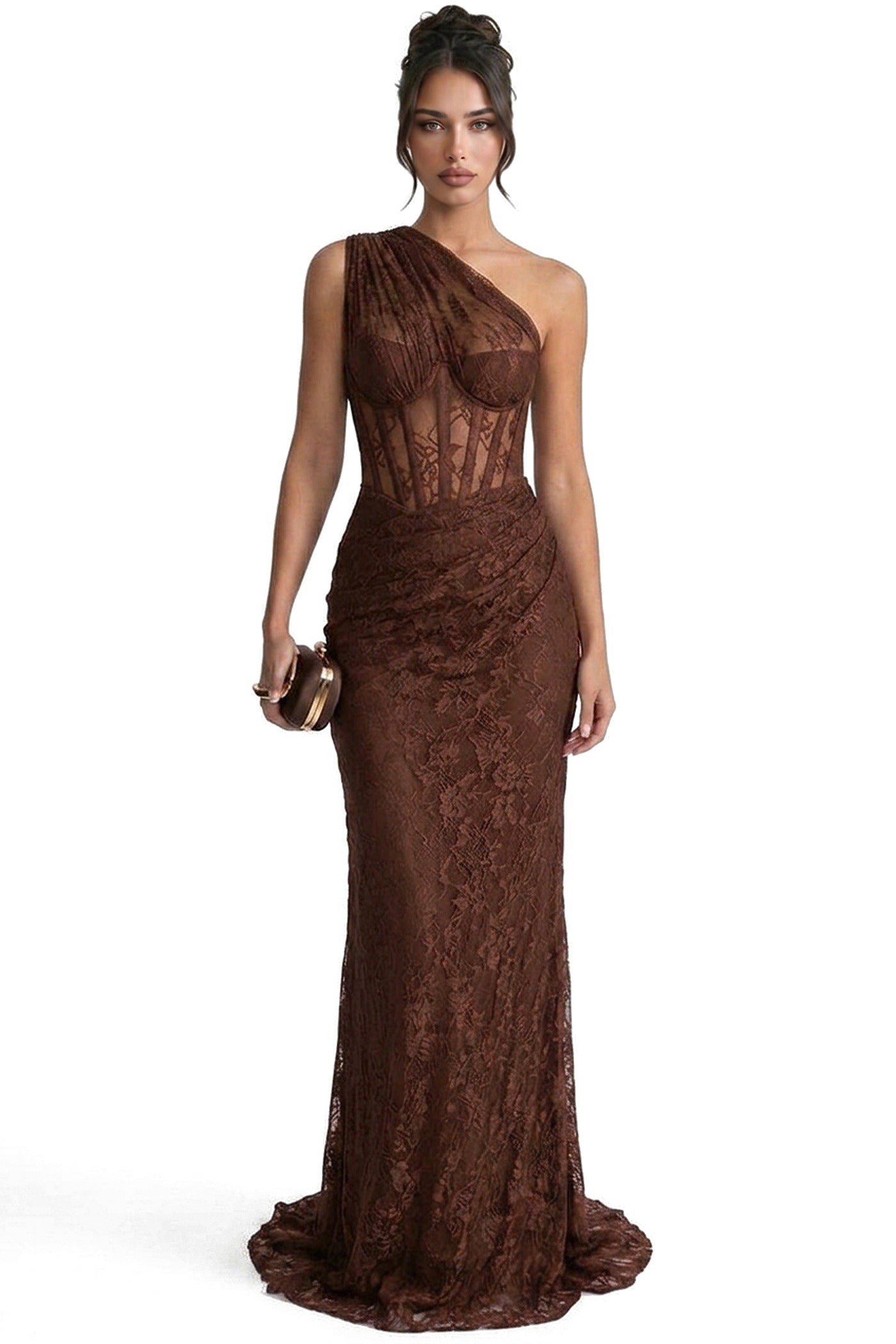 Séraphine One-Shoulder Lace Gown With Sheer Corset Bodice - Brown