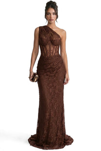 Séraphine One-Shoulder Lace Gown With Sheer Corset Bodice - Brown