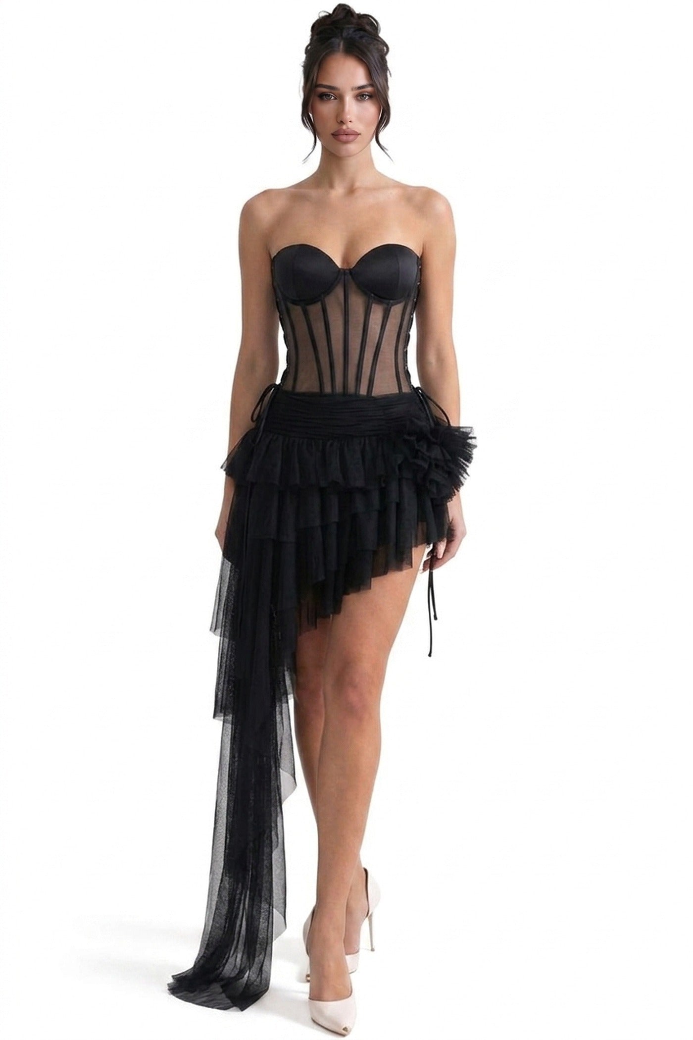 Melanie Strapless Corset Mini Dress With Sheer Boning And Asymmetric Tulle Skirt - Black