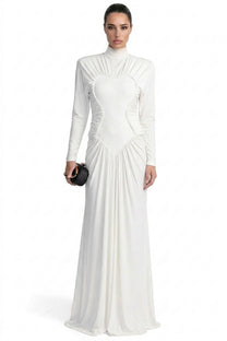 Reinette High-Neck Long-Sleeve Gown With Heart-Shaped Cutout Panel - White