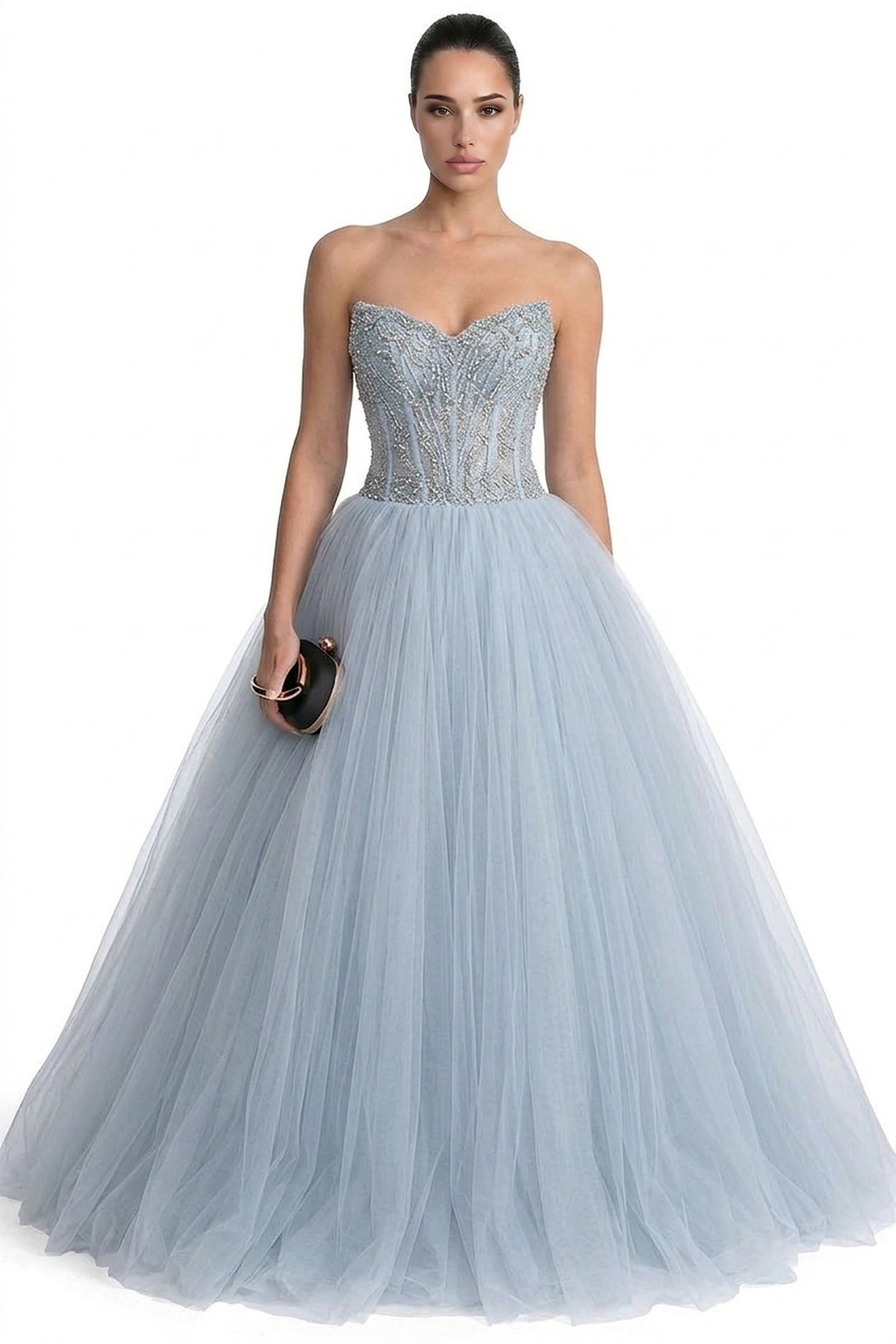 Azalée Strapless Tulle Ballgown With Crystal Beaded Corset Bodice - Light Blue