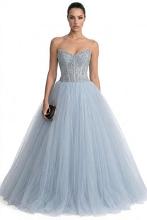 Azalée Strapless Tulle Ballgown With Crystal Beaded Corset Bodice - Light Blue