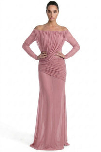 Eléonore Off-Shoulder Mesh Gown With Draped Long Sleeves - Pink