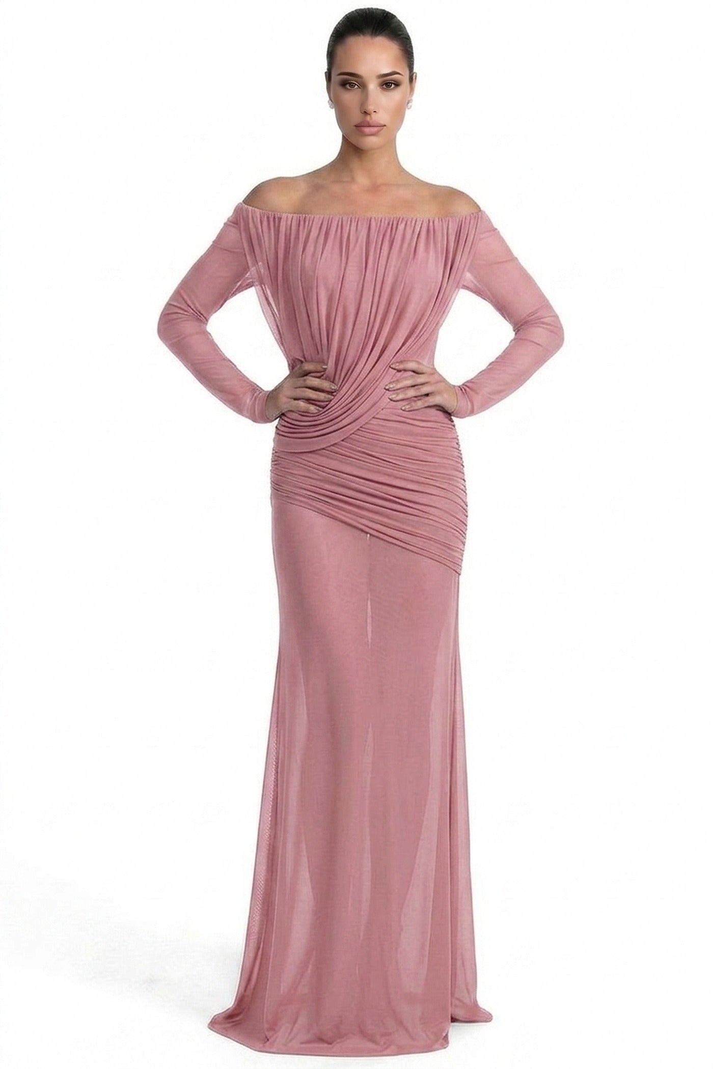 Eléonore Off-Shoulder Mesh Gown With Draped Long Sleeves - Pink
