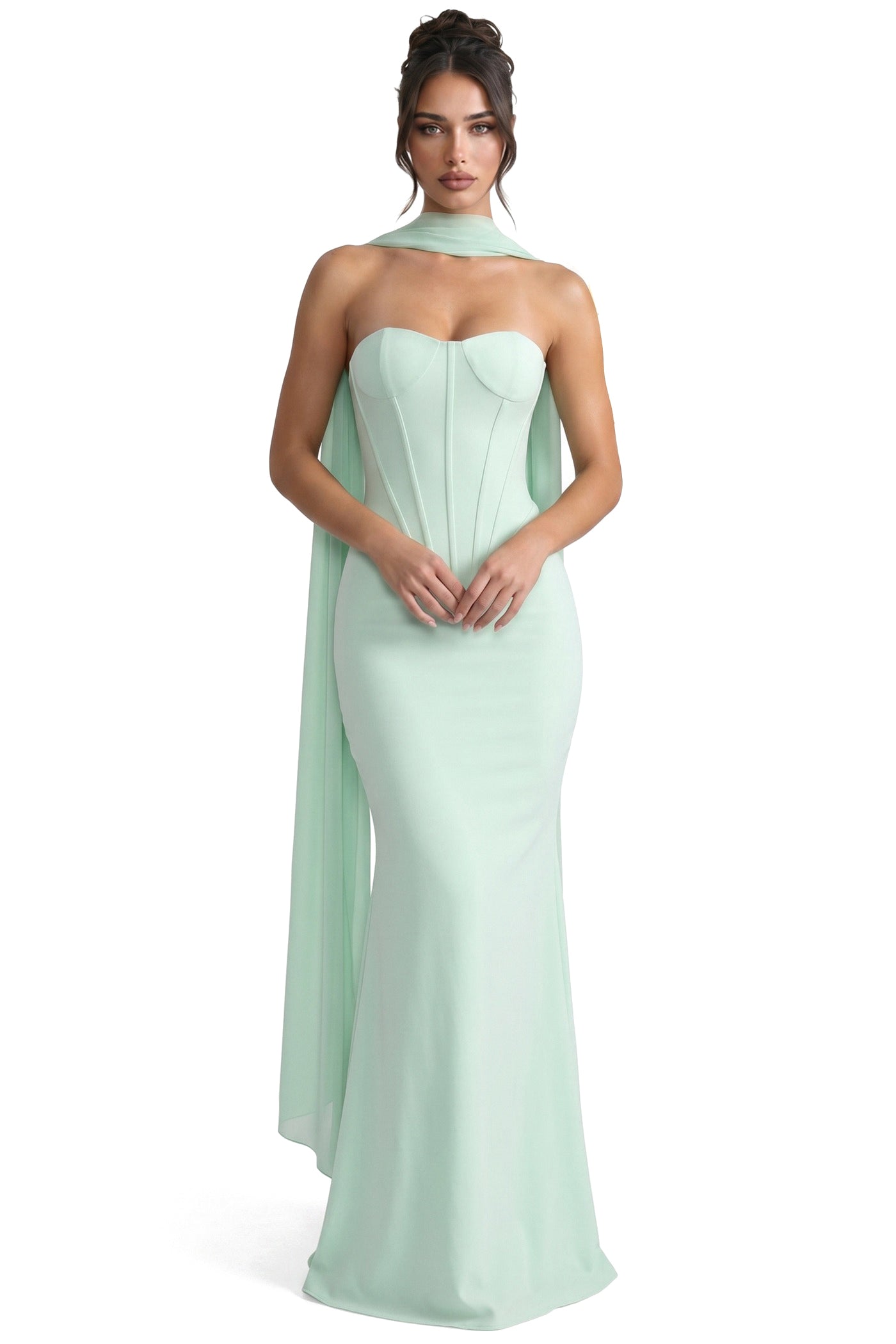 Matheline Strapless Corset Maxi Dress With Draped Scarf Neckline - Light Green