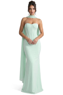 Matheline Strapless Corset Maxi Dress With Draped Scarf Neckline - Light Green