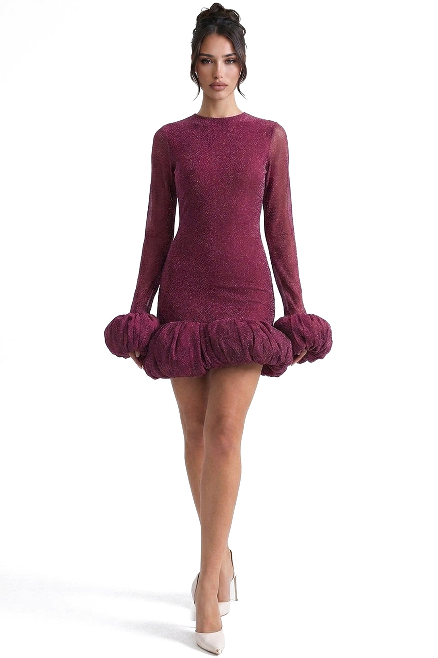 Bordeaux Glitter Knit Mini Dress With Puff Cuffs And Voluminous Bubble Hem - Wine