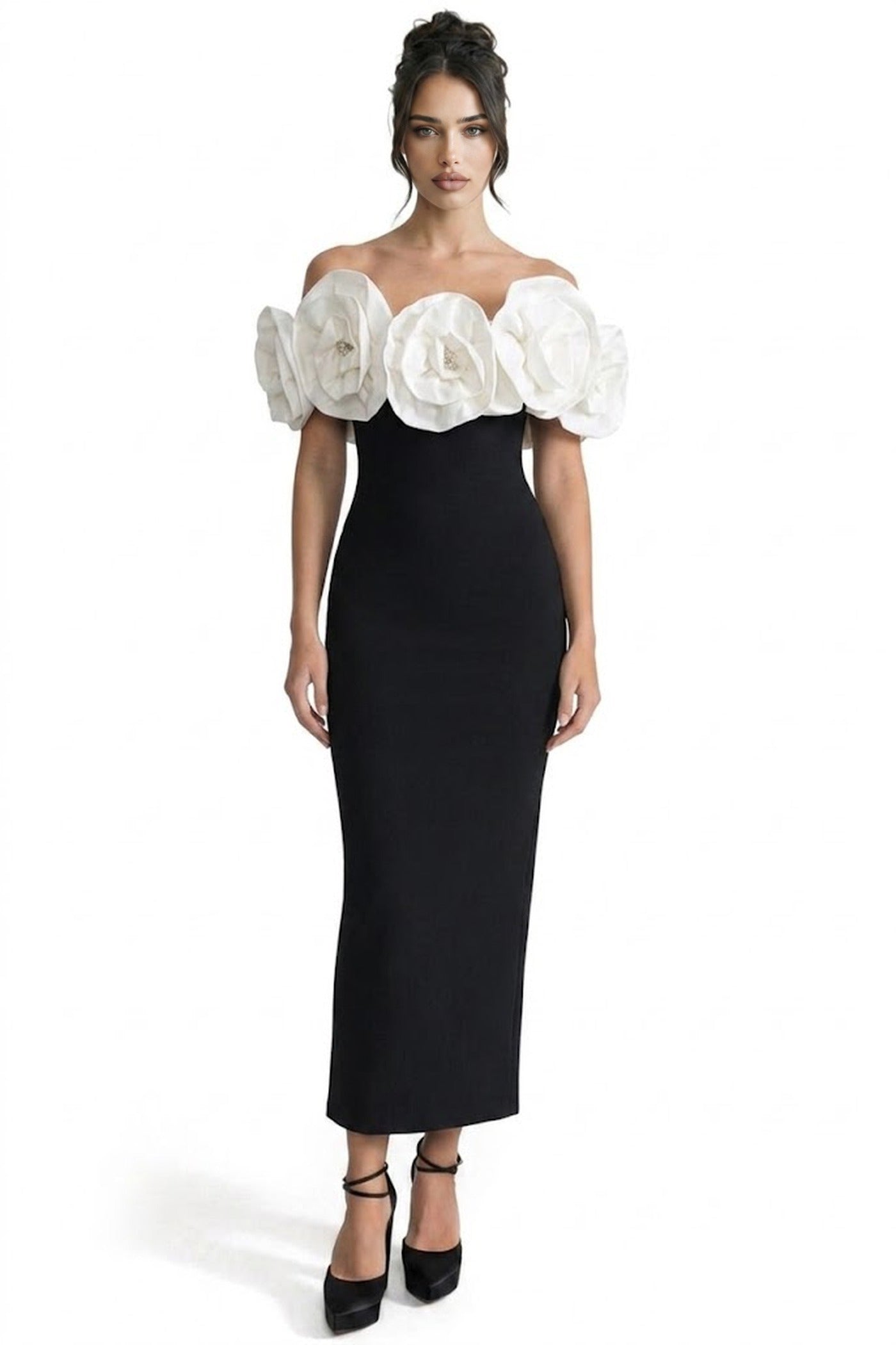 Dorothée Fitted Maxi Gown With Oversized 3D Floral Shoulders - Black