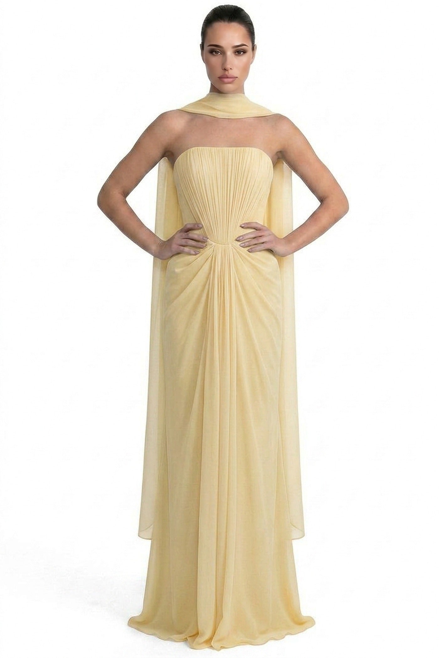Azuria Strapless Pleated Gown With Draped Chiffon Cape - Yellow