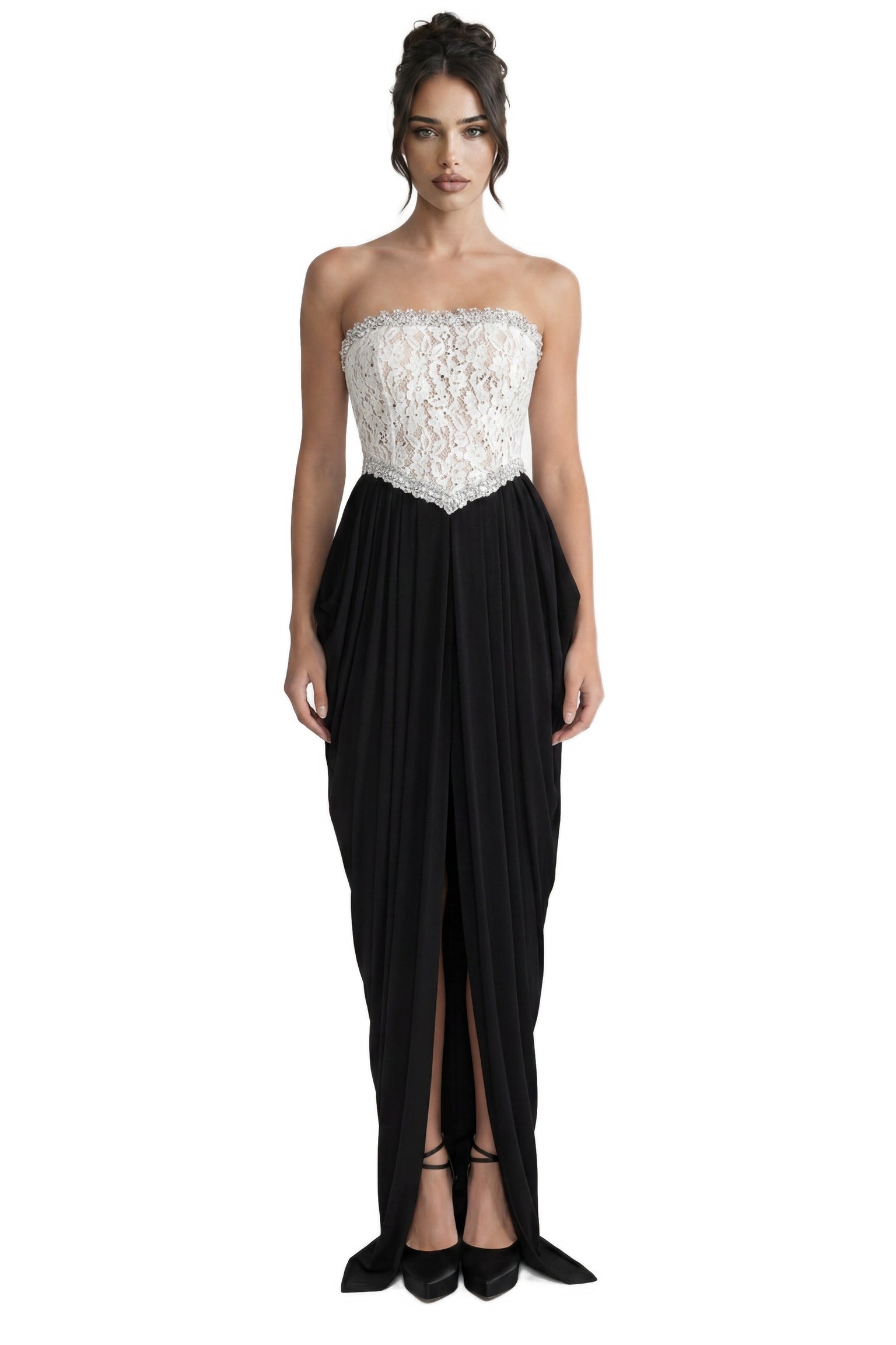 Sidonie Strapless Gown With Crystal Lace Corset And Pleated Draped Skirt - White