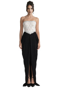 Sidonie Strapless Gown With Crystal Lace Corset And Pleated Draped Skirt - White
