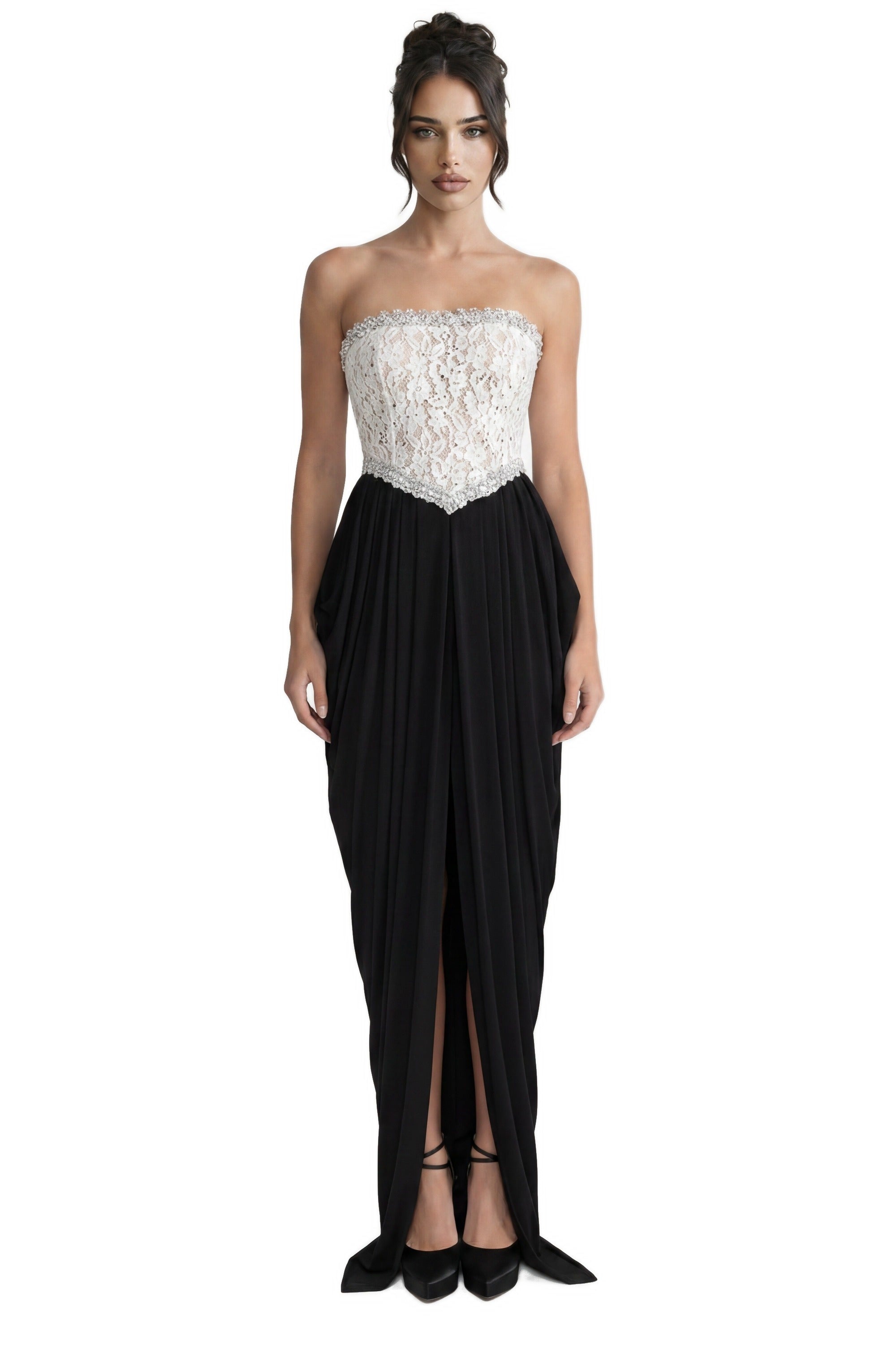 Sidonie Strapless Gown With Crystal Lace Corset And Pleated Draped Skirt - White