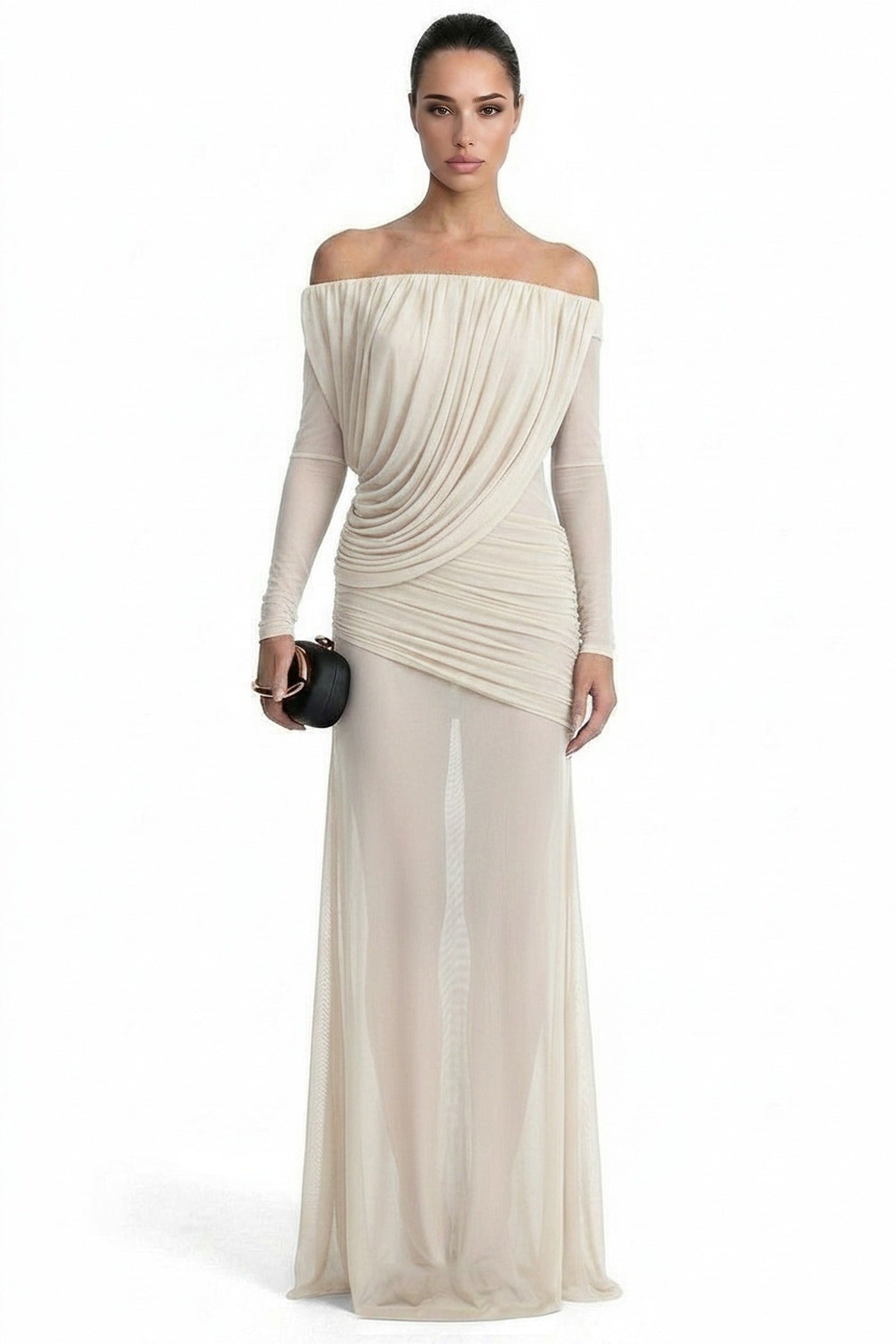 Eléonore Off-Shoulder Mesh Gown With Draped Long Sleeves - White