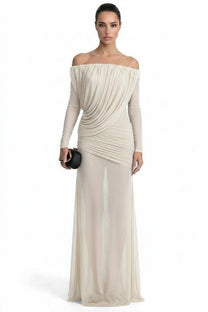 Eléonore Off-Shoulder Mesh Gown With Draped Long Sleeves - White
