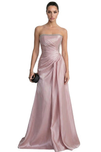 Rosalde Strapless Satin Gown With Crystal Trim And Diagonal Ruched Drape - Pink