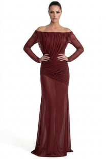 Eléonore Off-Shoulder Mesh Gown With Draped Long Sleeves - Burgundy