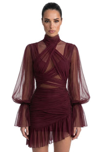 Théa High-Neck Ruched Mini Dress With Side Ruffle - Brown