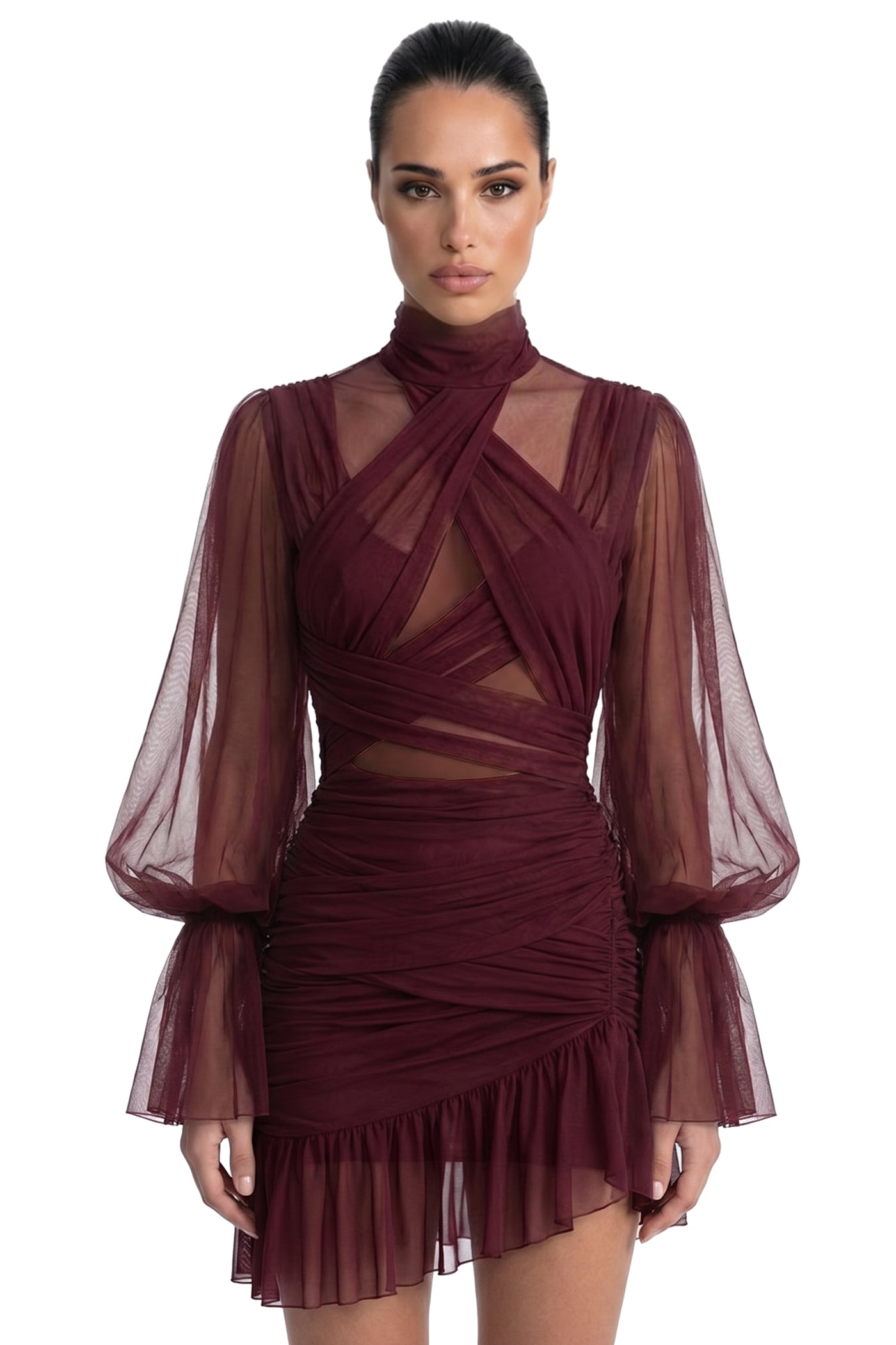 Théa High-Neck Ruched Mini Dress With Side Ruffle - Brown