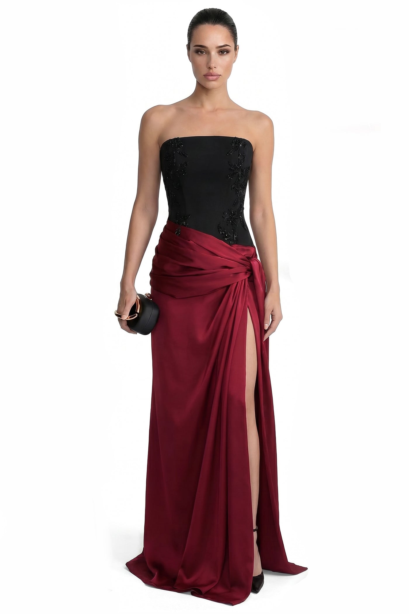 Léonie Strapless Colorblock Gown With Satin Skirt And Bow Tie - Black/Red