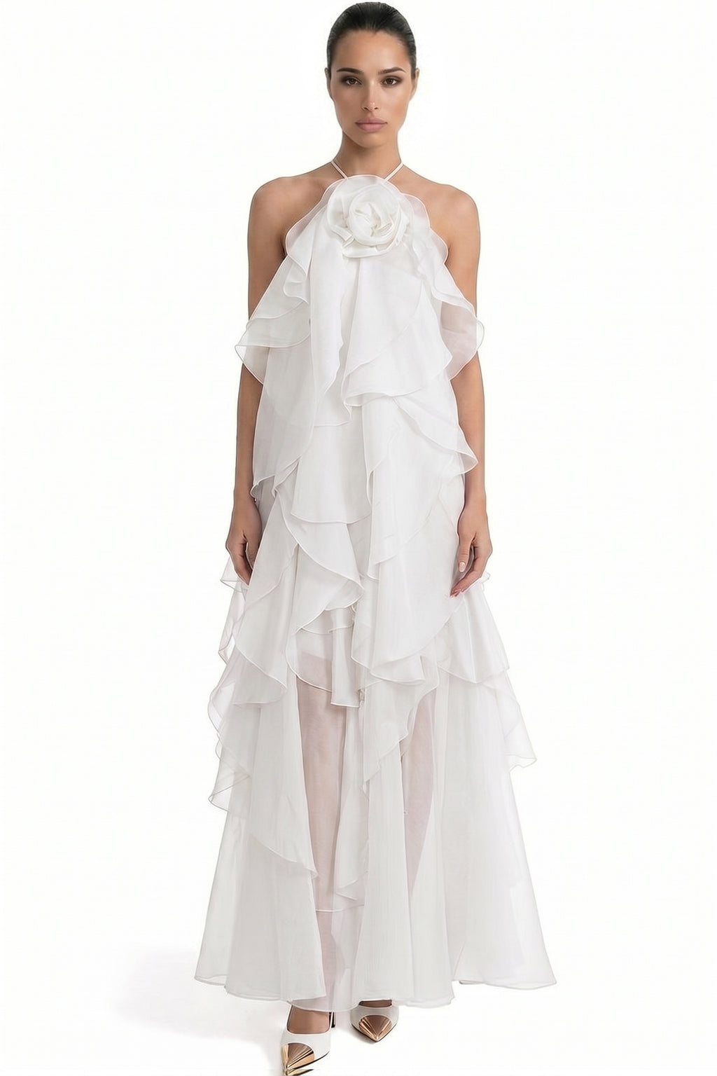 Nicolette Halter Neck Ruffled Organza Gown With 3D Rose Accent - White
