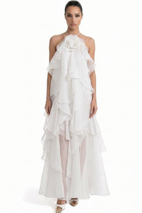 Nicolette Halter Neck Ruffled Organza Gown With 3D Rose Accent - White