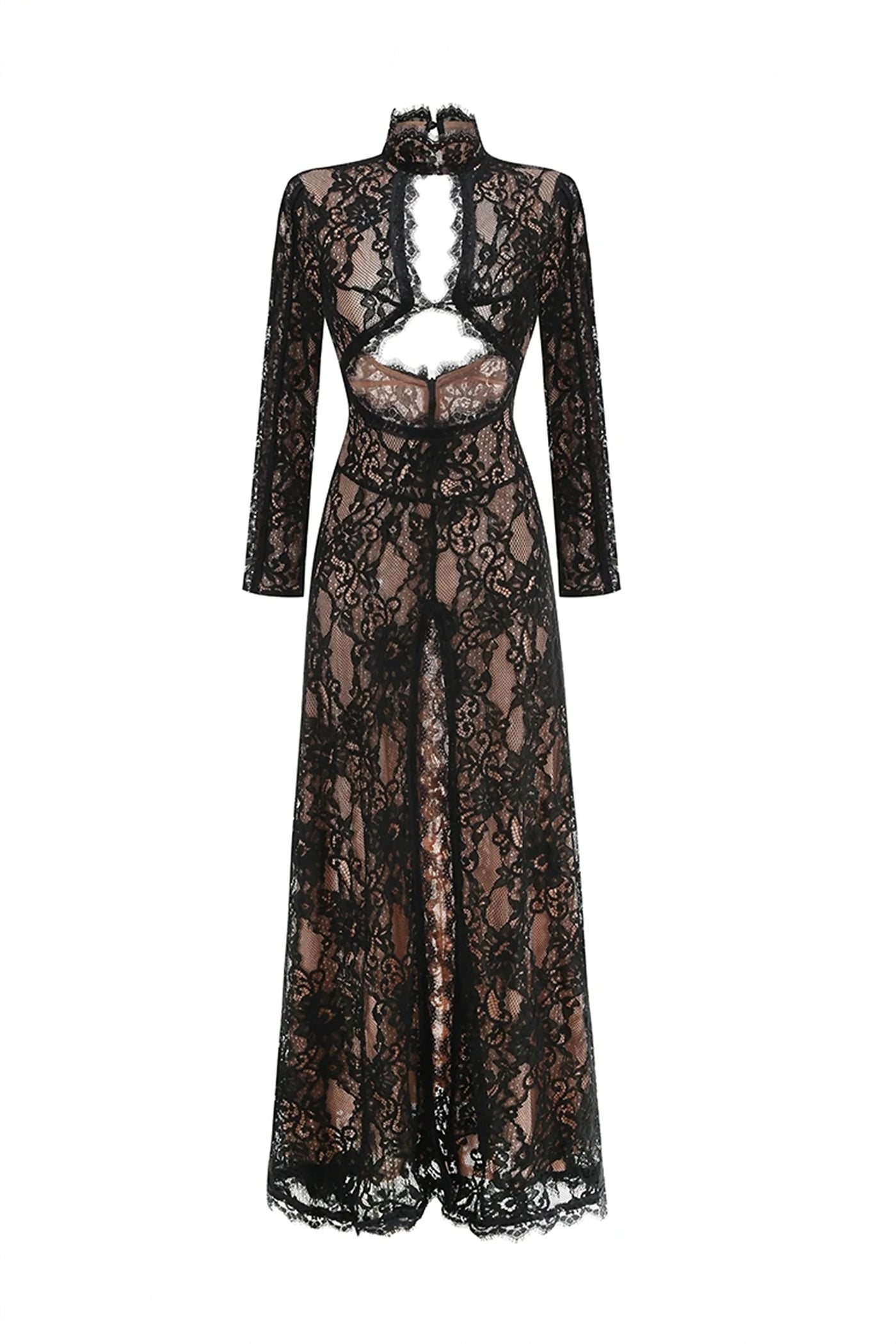 Scarlett Sheer Lace Gown With High Neck And Cutout Bodice And Front Slit - Black