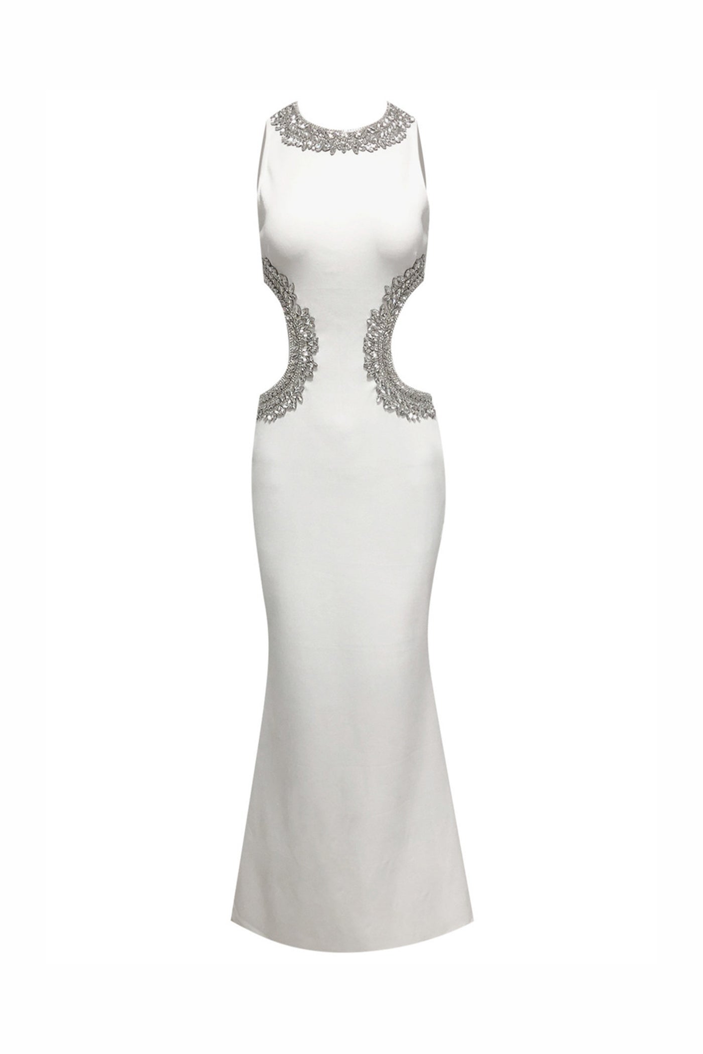 Elvire High-Neck Sleeveless Gown With Crystal Back Embroidery And Side Slit - White