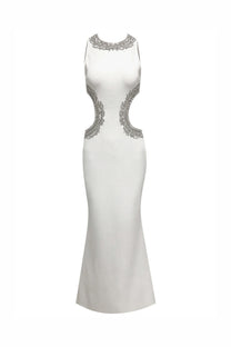 Elvire High-Neck Sleeveless Gown With Crystal Back Embroidery And Side Slit - White