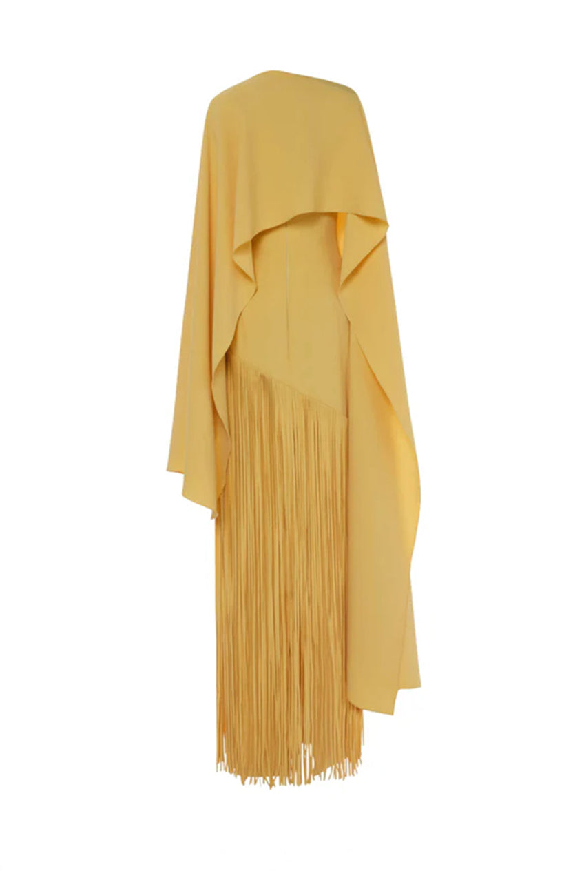 Madeleine Fringe Skirt Maxi Dress With Detachable Cape-Sleeve - Yellow