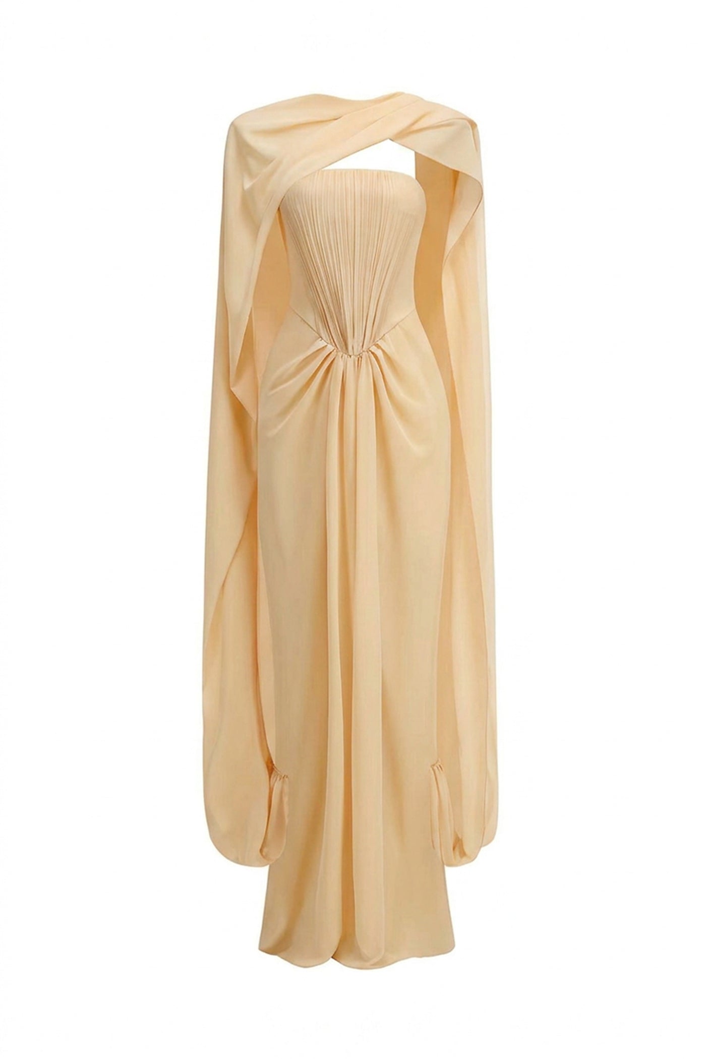 Azuria Strapless Pleated Gown With Draped Chiffon Cape - Yellow
