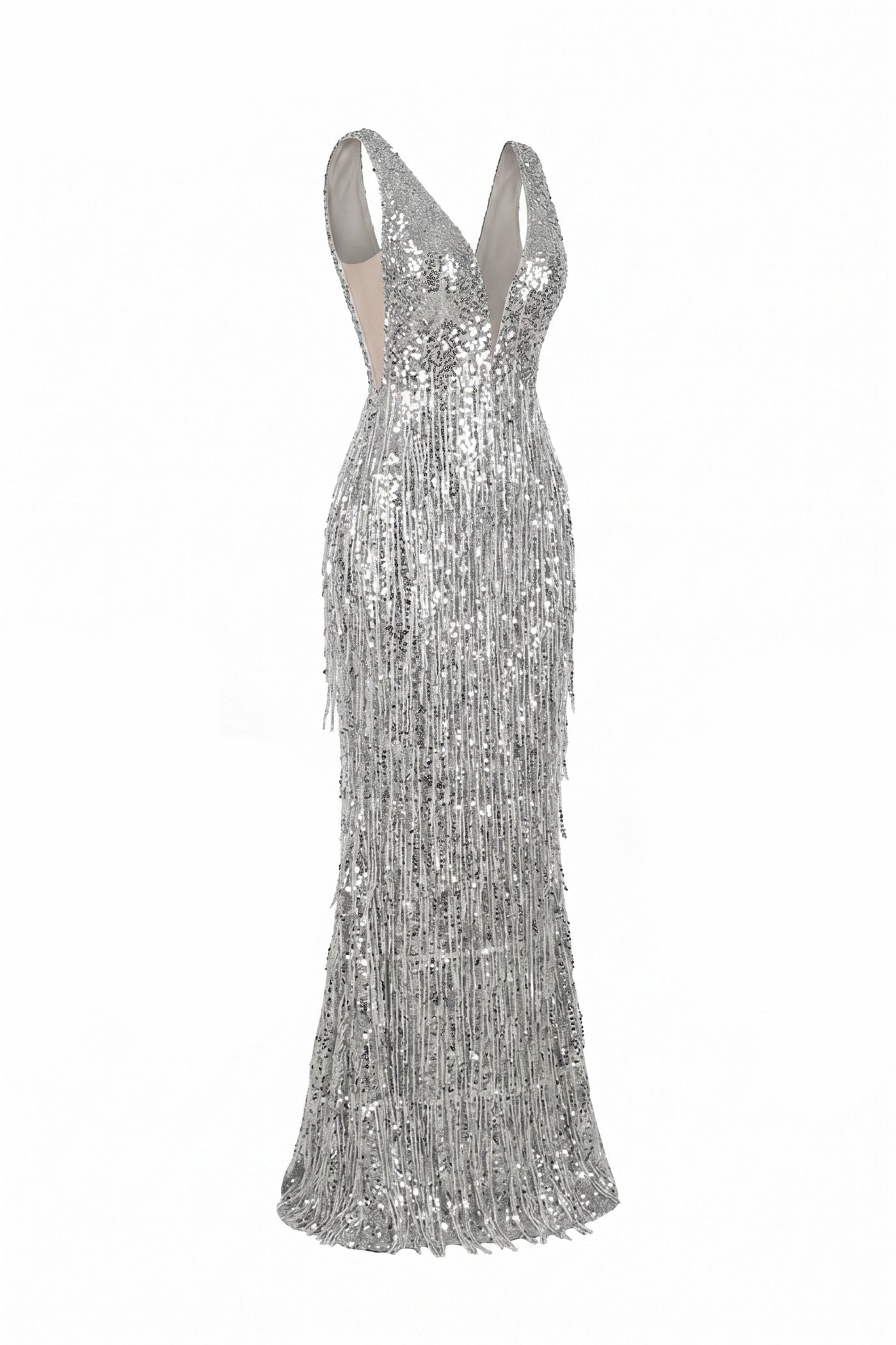 Joëlle Deep V-Neck Sequin Mermaid Gown With Spaghetti Straps - Silver