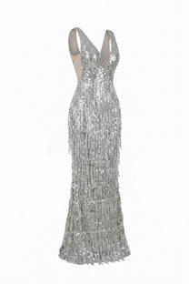 Joëlle Deep V-Neck Sequin Mermaid Gown With Spaghetti Straps - Silver