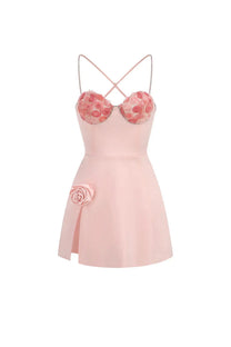 Jolie Mini Dress With 3D Rose Cups And Crystal Straps And Side Slit - Pink