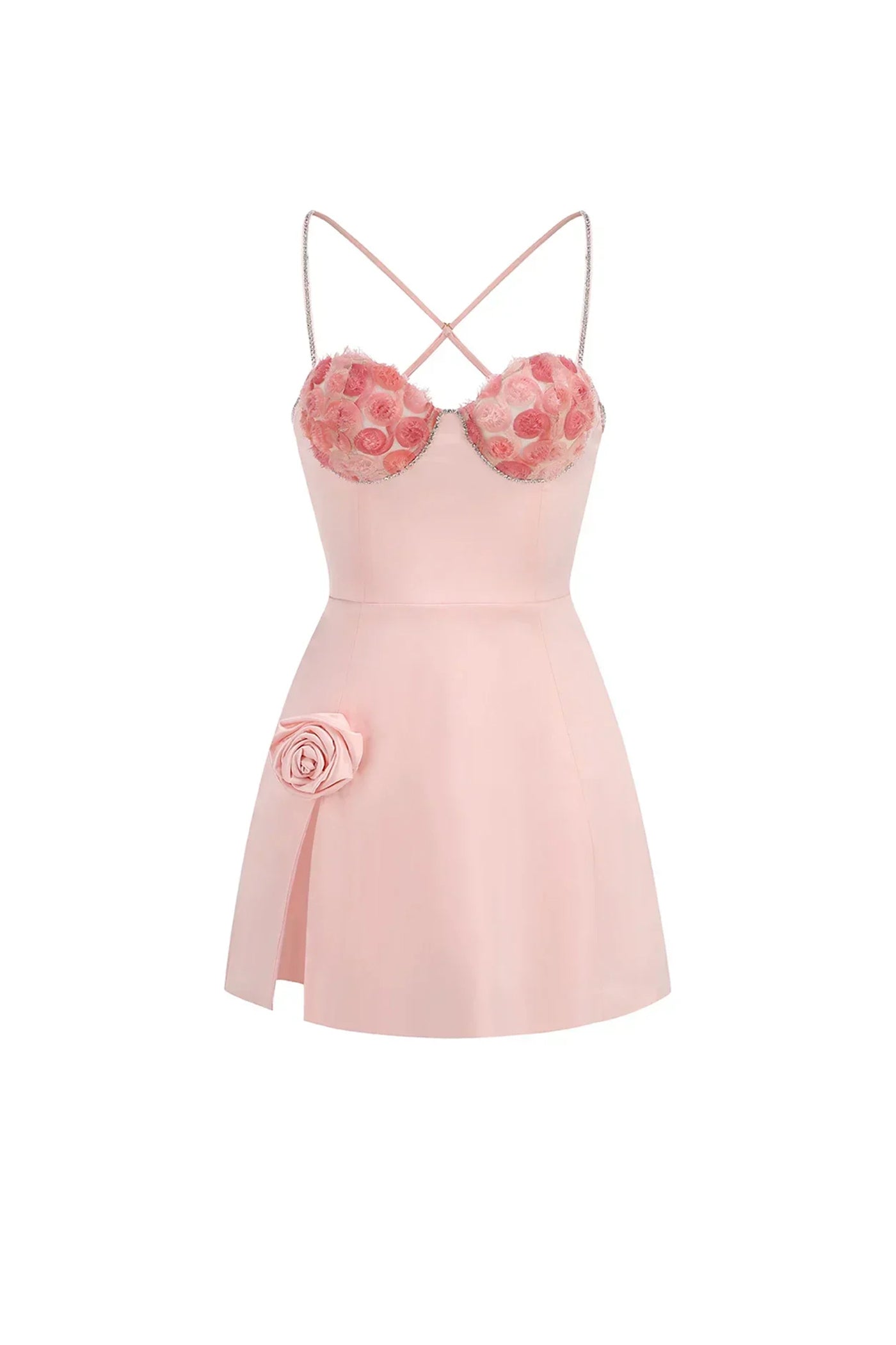 Jolie Mini Dress With 3D Rose Cups And Crystal Straps And Side Slit - Pink