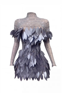 Ondine 3D Feather Mini Dress With Crystal Straps - Silver